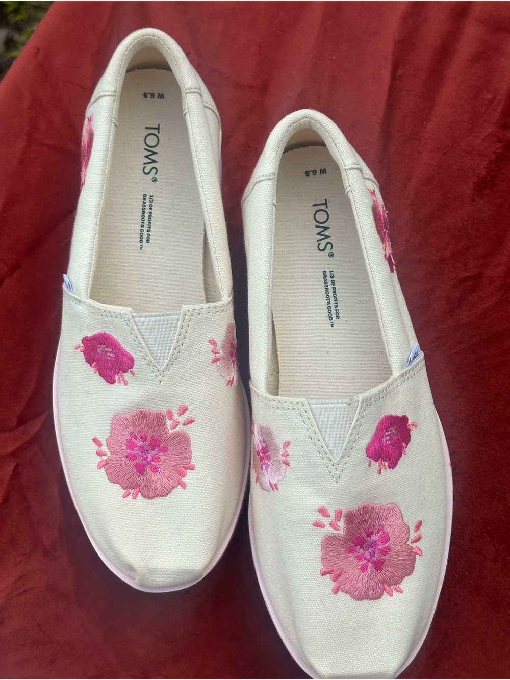 TOMS White Canvas Slip-On with Pink Floral Embroidery